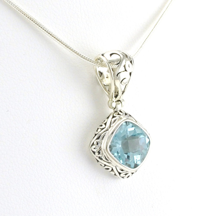Side View Sterling Silver Blue Topaz 8mm Offset Square Necklace