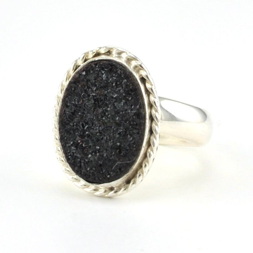Sterling Silver Black Druzy Agate Oval Rope Ring
