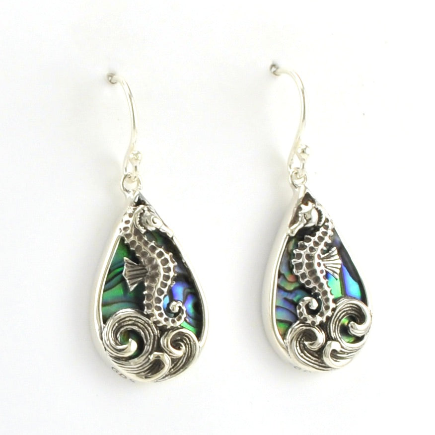 Alt View Sterling Silver Abalone Tear Seahorse Earrings