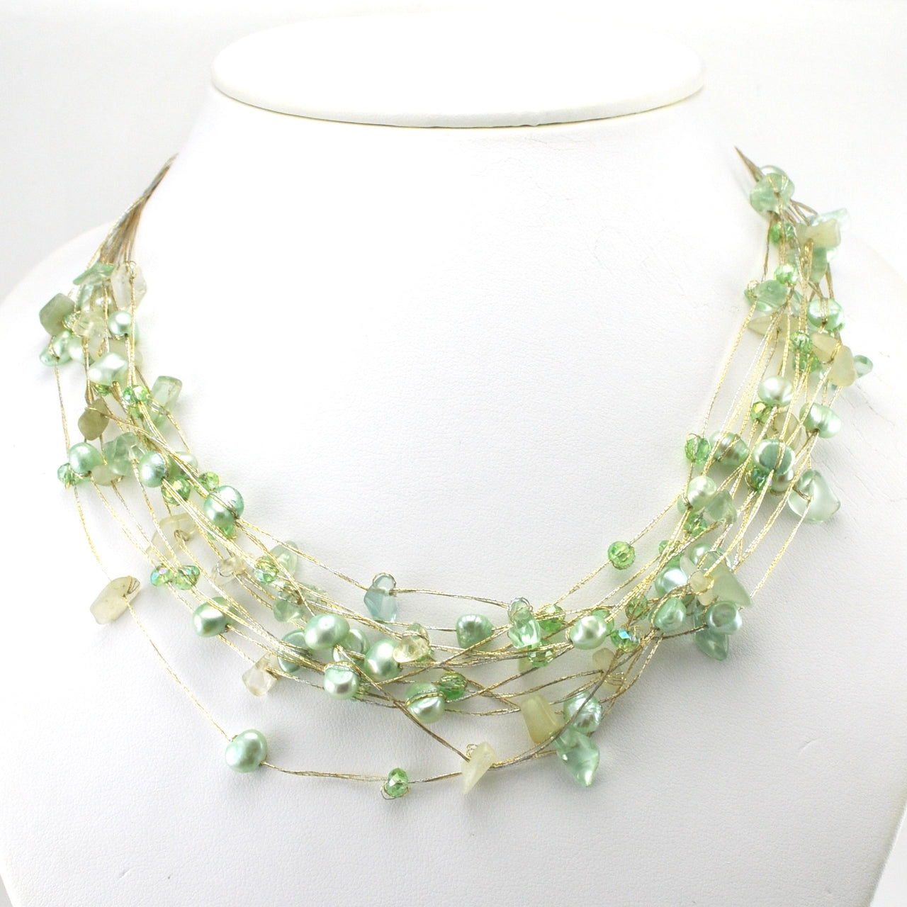 Japanese Silk Cascading Prehnite Crystal Necklace