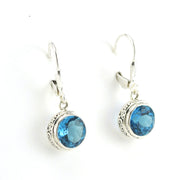 Side View Sterling Silver Blue Topaz 8mm Round Bali Dangle Earrings