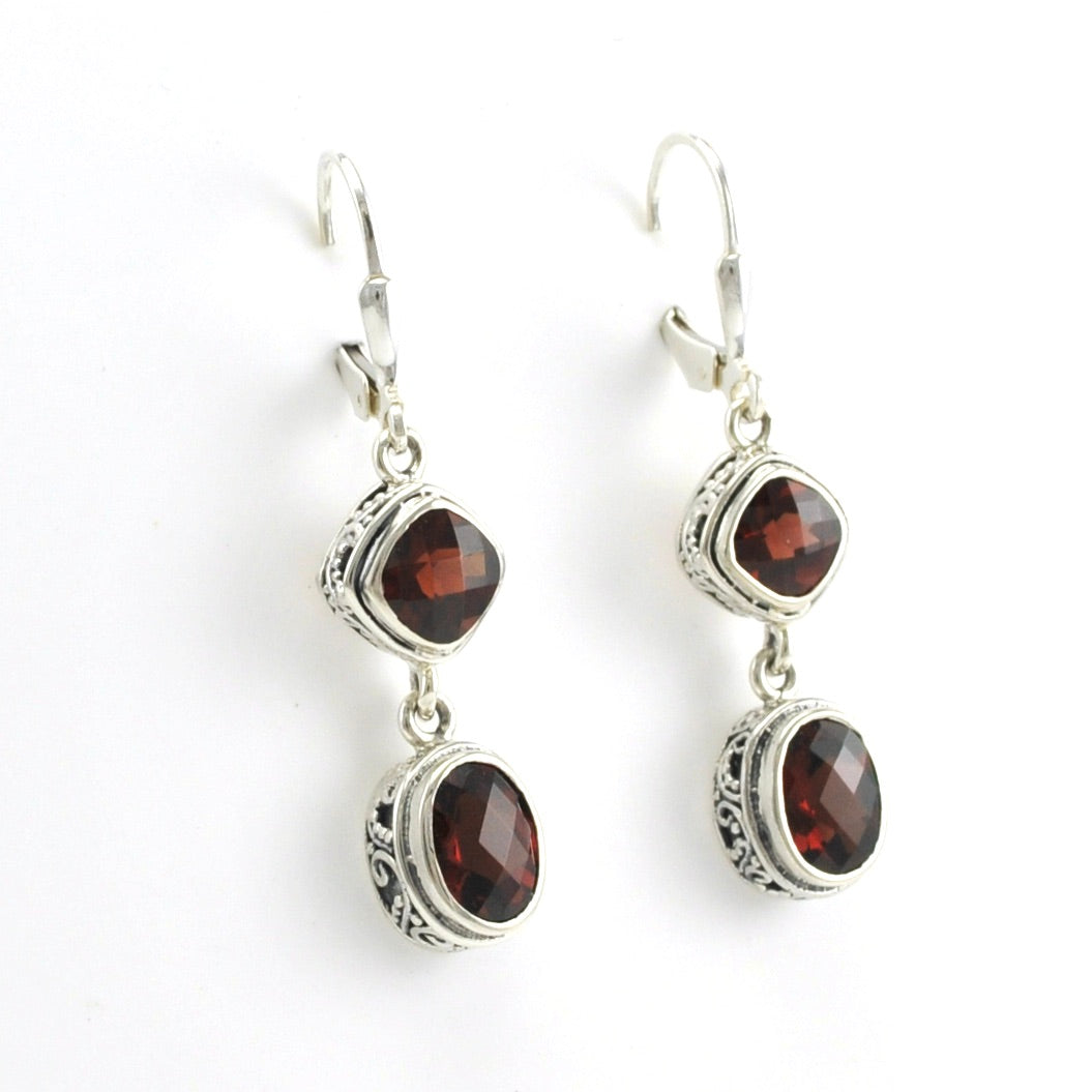 Side View Sterling Silver Garnet Square Oval Bali Dangle Earrings