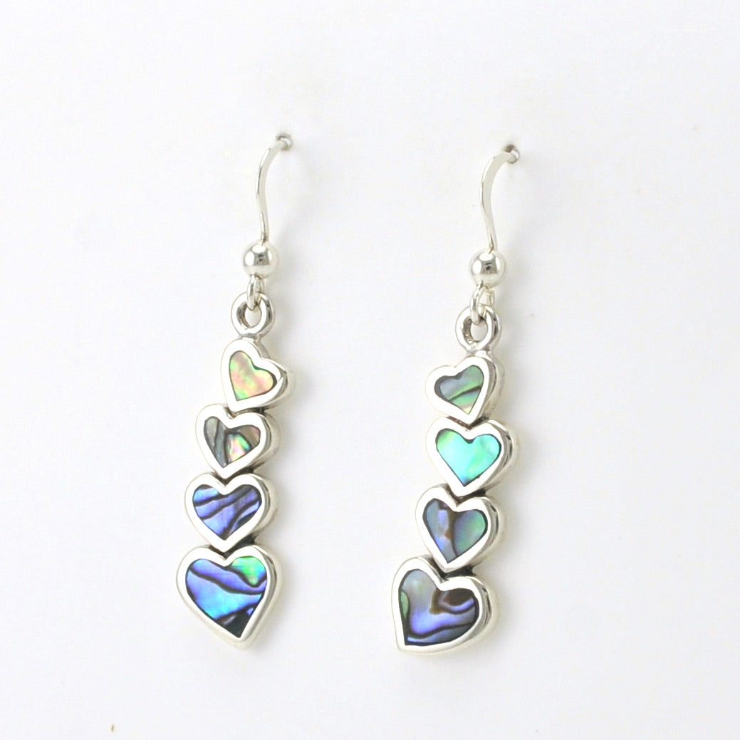 Side View Sterling Silver Abalone 4 Heart Dangle Earrings