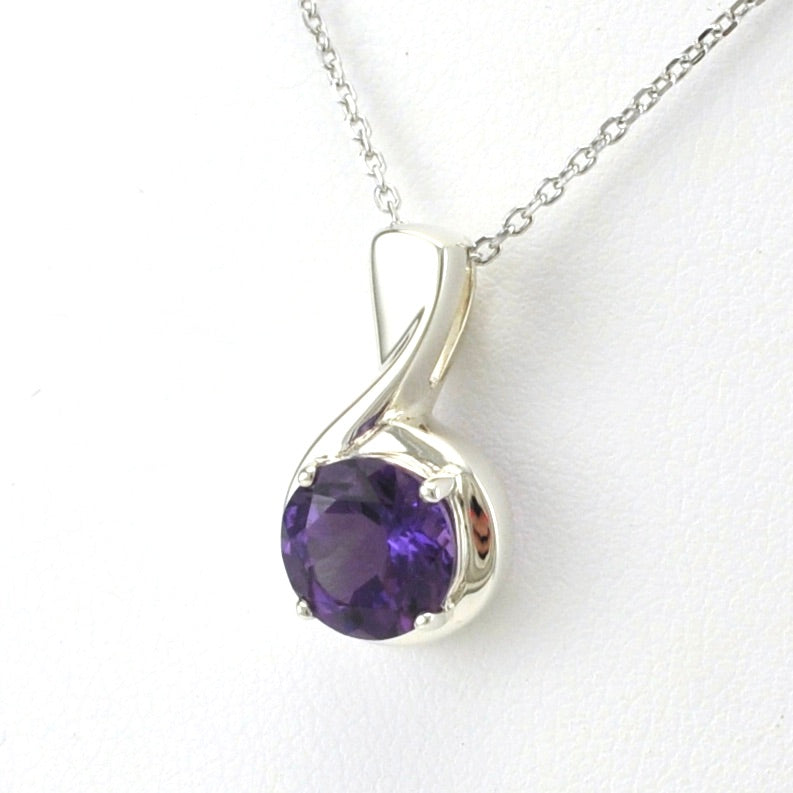 Side View Sterling Silver Amethyst 8mm Round Swirl Necklace