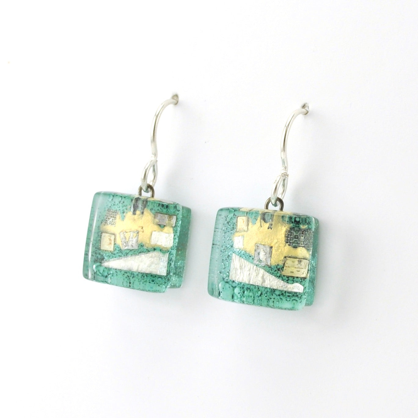 Side View Glass Aqua Golden Phase Cube Earrings