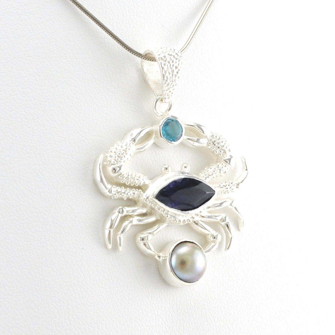 Side View Sterling Silver Iolite Topaz Pearl Crab Pendant