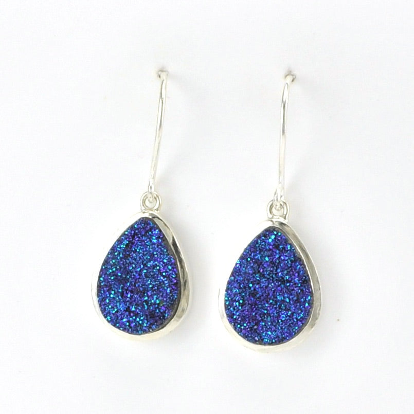 Side View Sterling Silver Blue Druzy Agate Tear Dangle Earrings