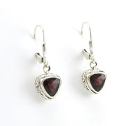 Side View Sterling Silver Garnet 7mm Trillion Bali Dangle Earrings