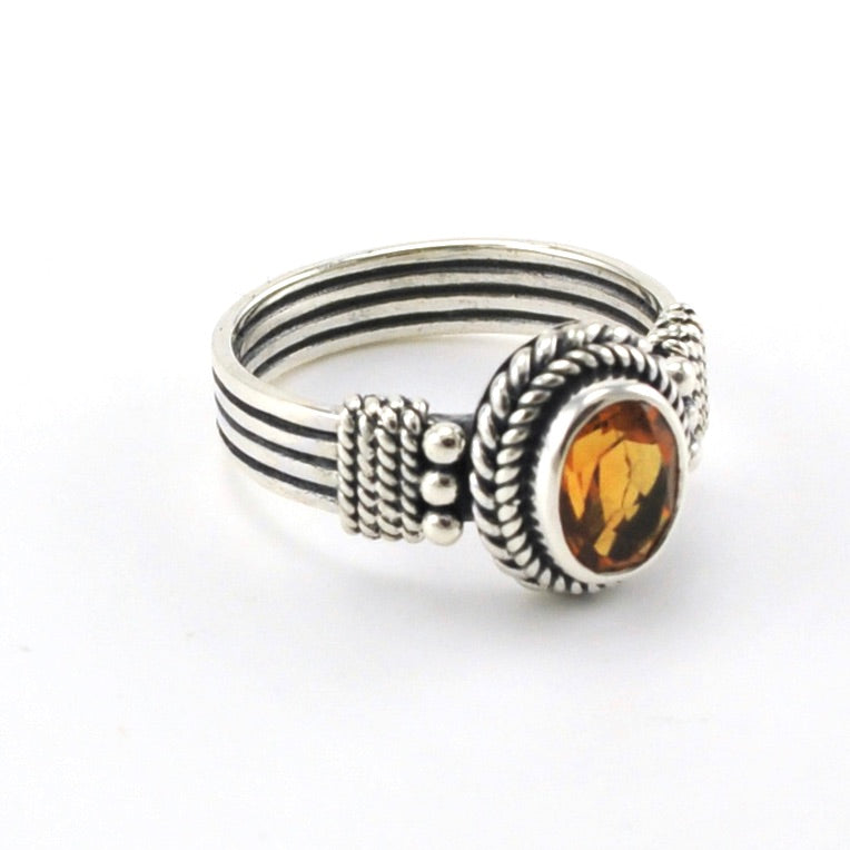 Side Veiw Sterling Silver Citrine 6x8mm Oval Bali Ring