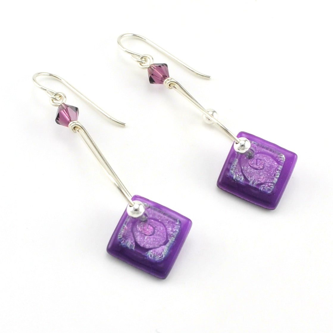 DeVeer Stricker Purple Fused Glass Square Drop Earrings
