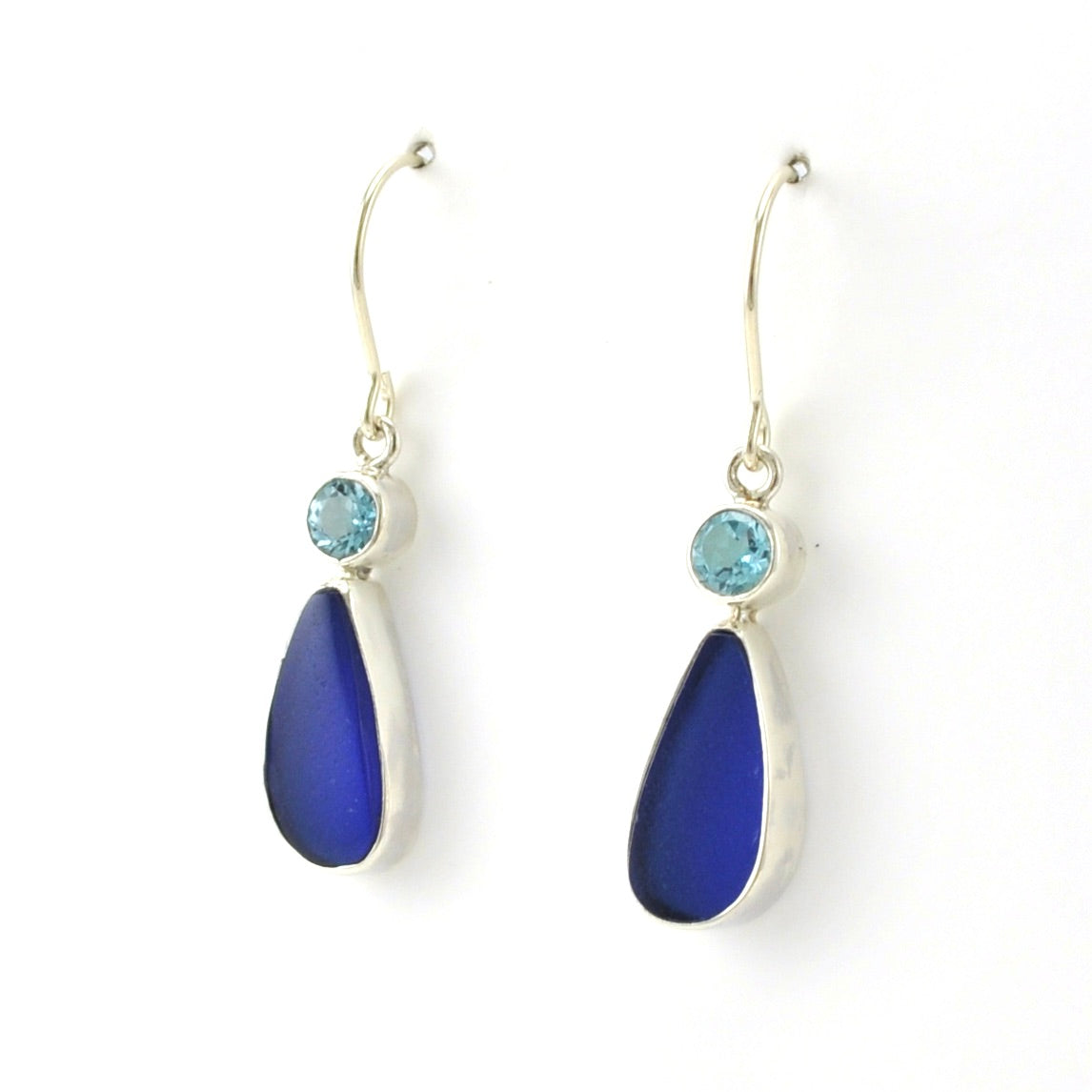 Side View Sterling Silver Blue Topaz Cobalt Sea Glass Tear Earrings