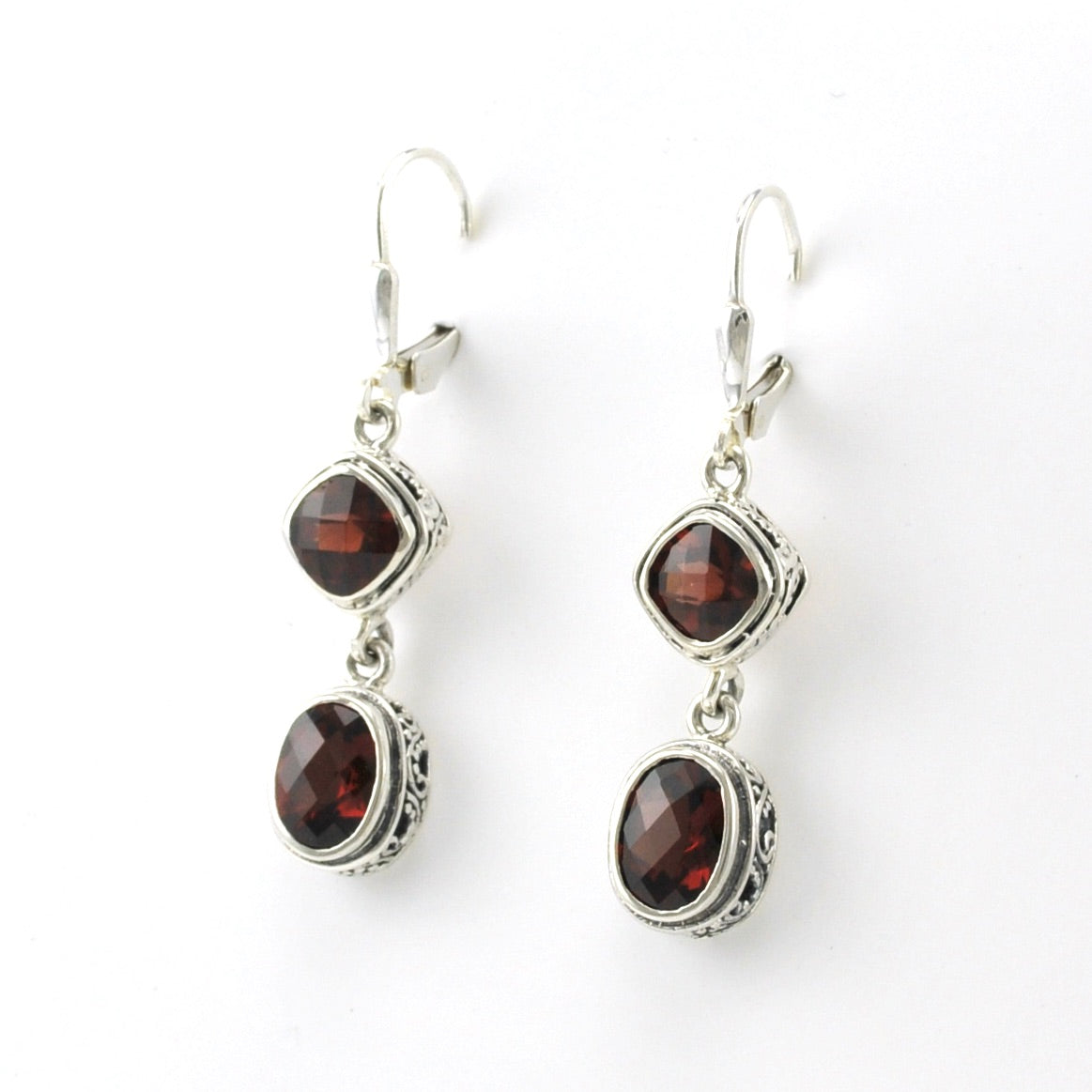 Side View Sterling Silver Garnet Square Oval Bali Dangle Earrings