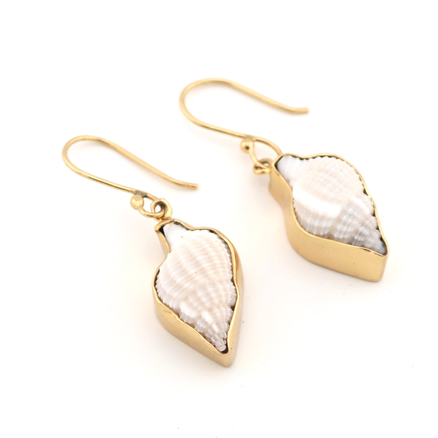 Gold earrings with sea shell on a white background