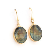 Gold earrings with oval gemstones on a white background