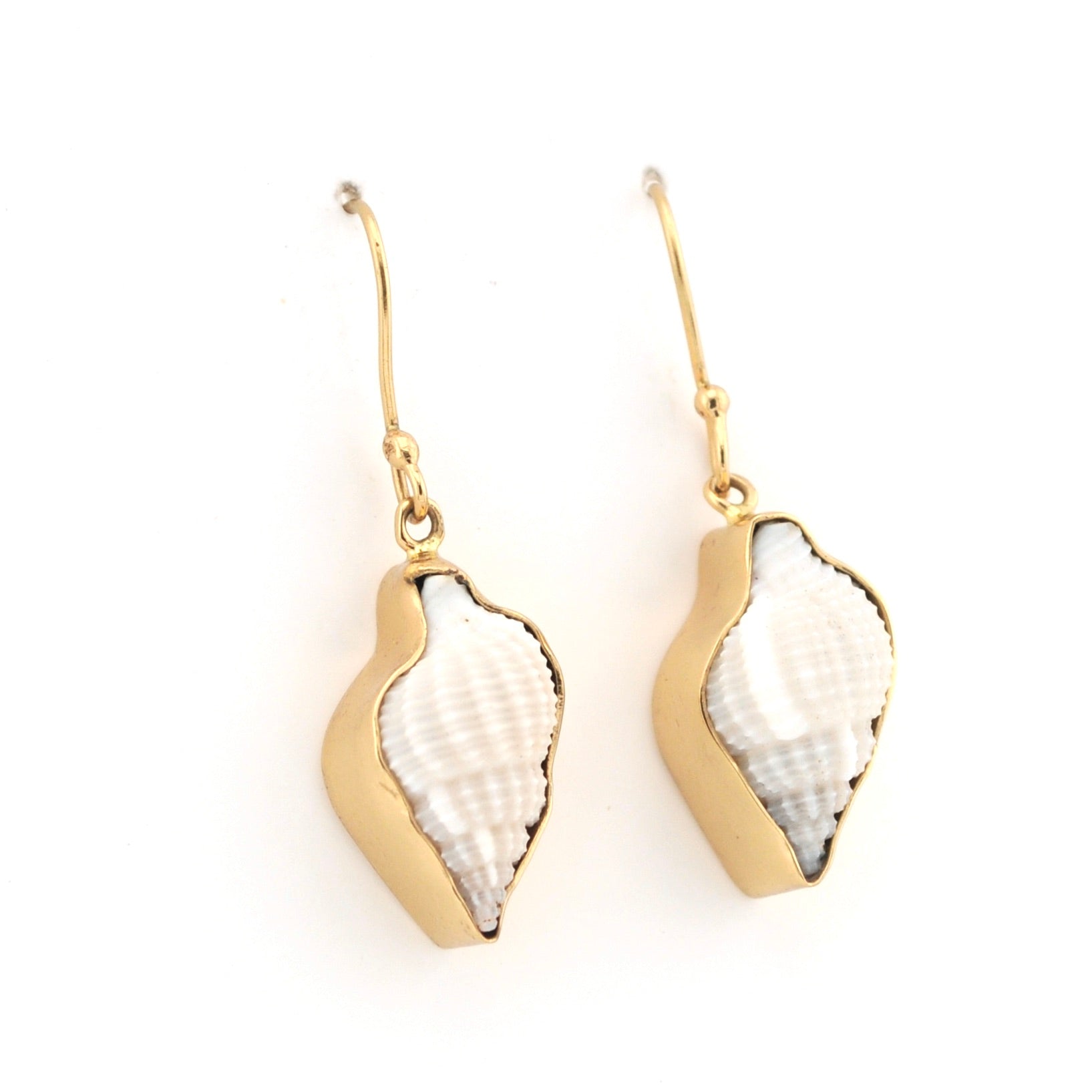 Shell-shaped earrings with gold accents on a white background