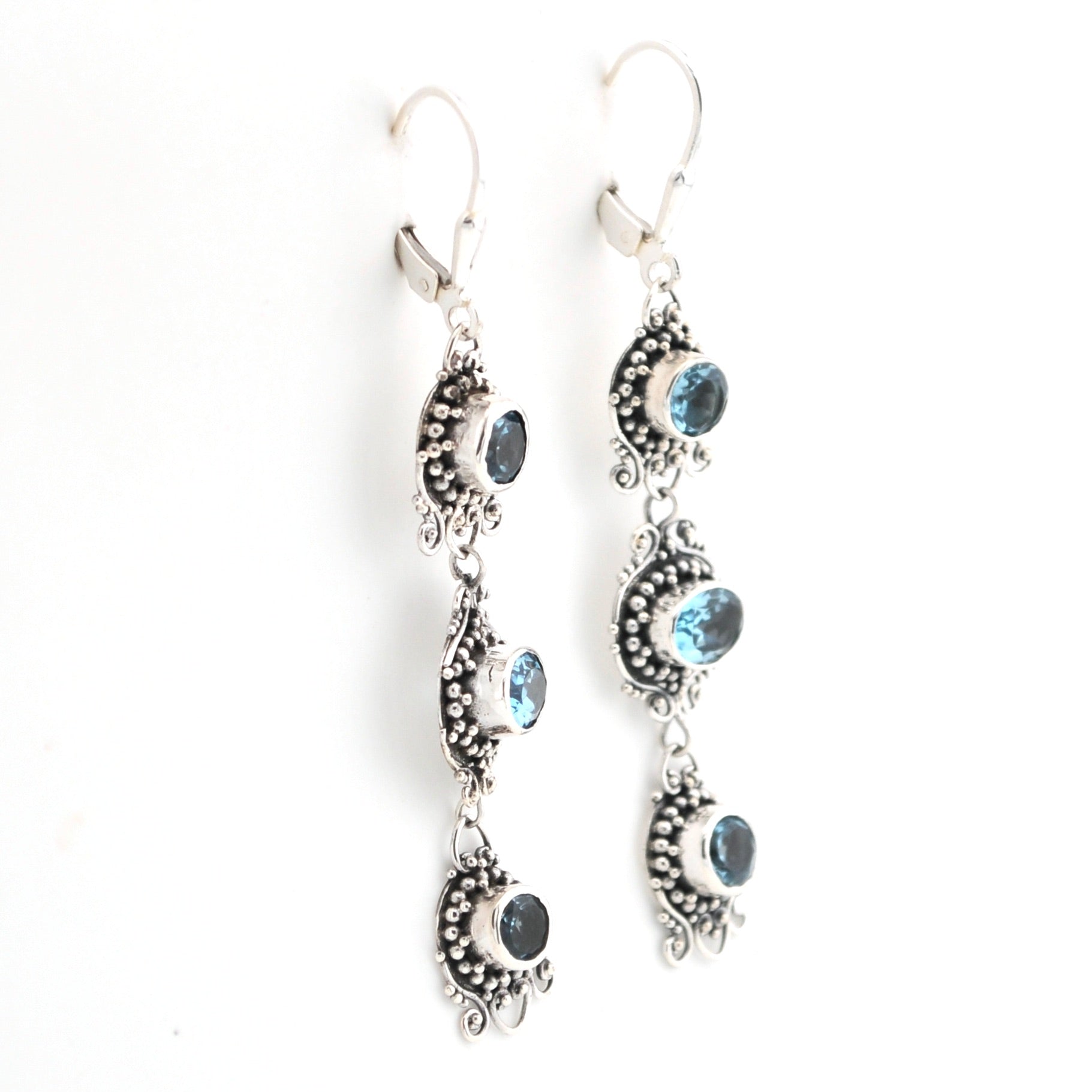 Alternate View  Blue Topaz 3 Stone Bali Dangle Earrings