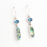 Pair of earrings with abalone shell and blue gemstone on a white background