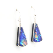 Blue and purple fan earrings on a white background