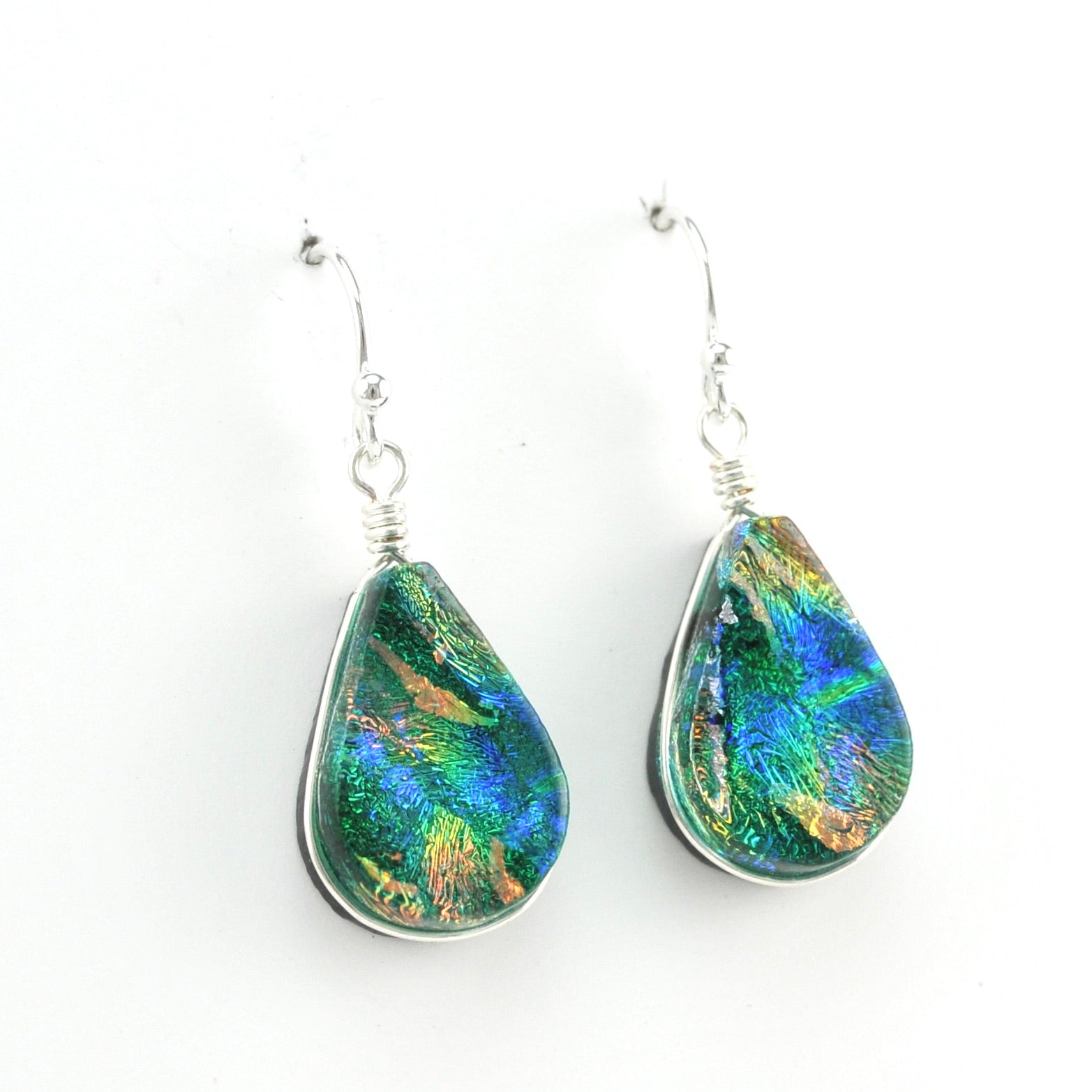 Alternate View Dichroic Glass Green Rainbow Lotus Dangle Earrings