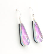 Teardrop-shaped earrings with a pink and purple iridescent finish on a white background