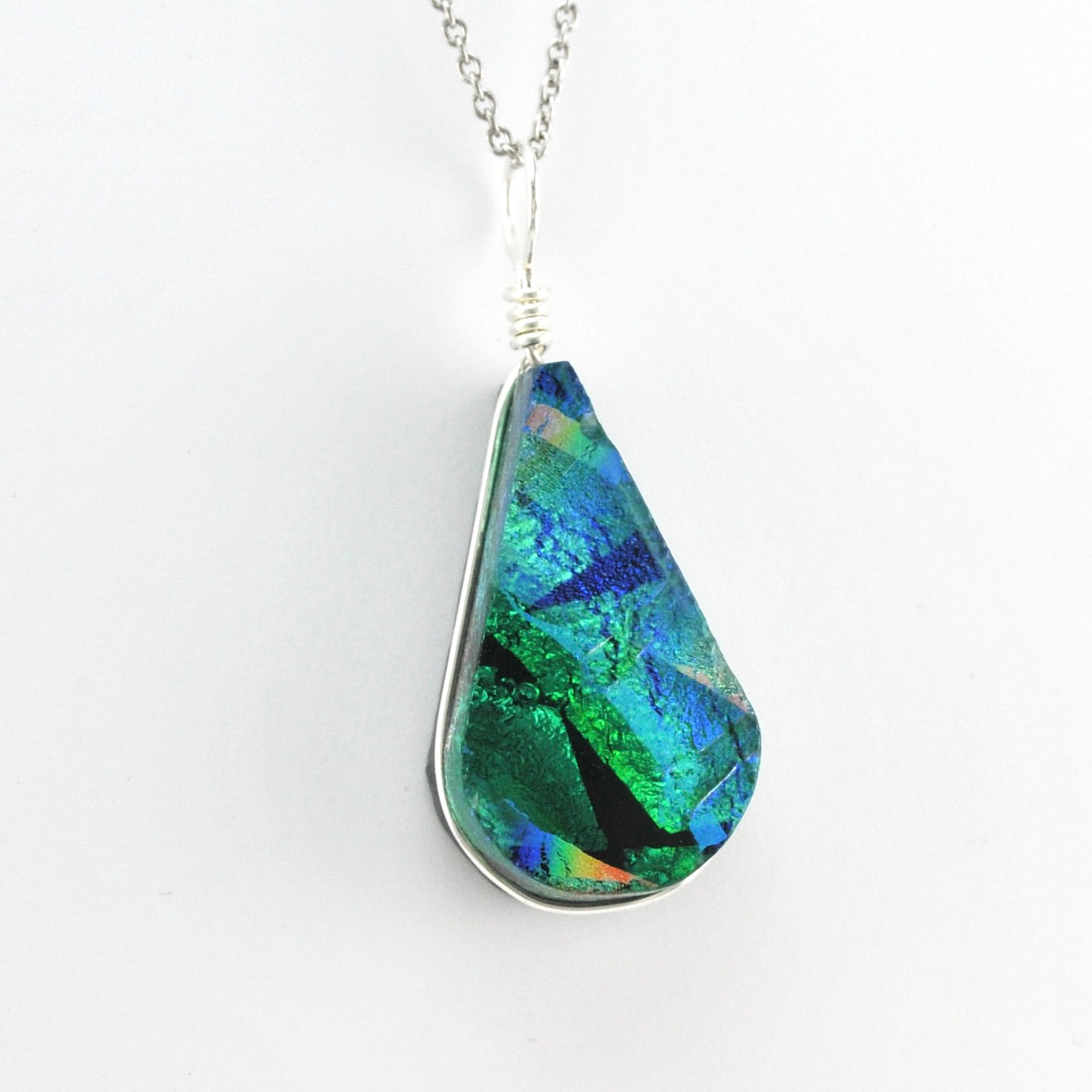 Alternate View Dichroic Glass Rainbow Green Teardrop Pendant