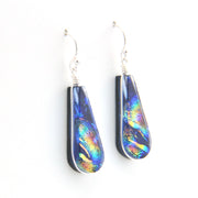 Teardrop-shaped earrings with colorful iridescent finish on a white background