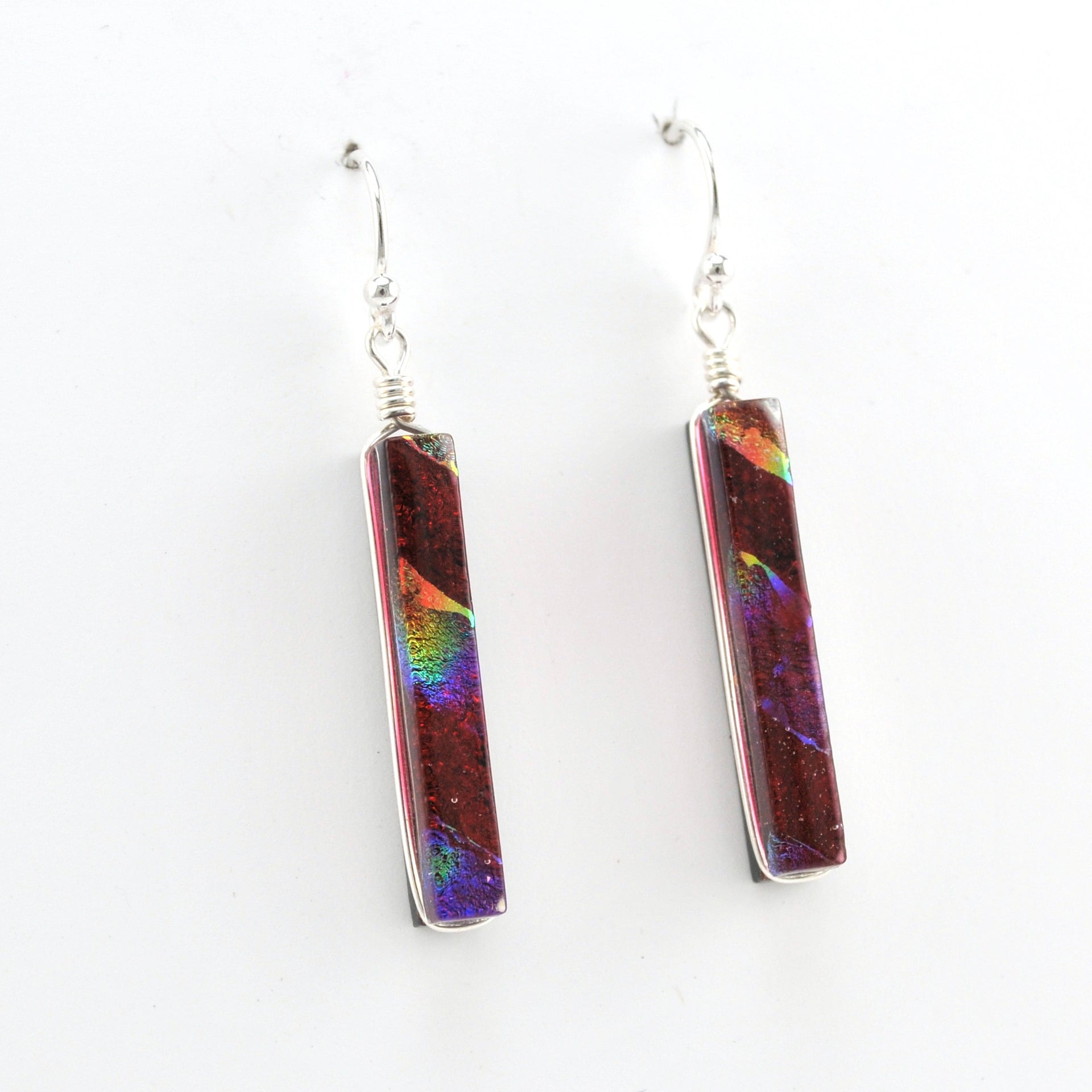 Alternate View Dichroic Glass Rainbow Red Rectangular Earring