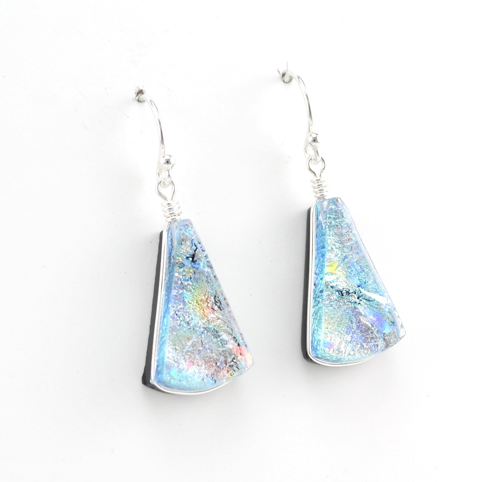 Alternate View Dichroic Glass Silver Fan Dangle Earrings