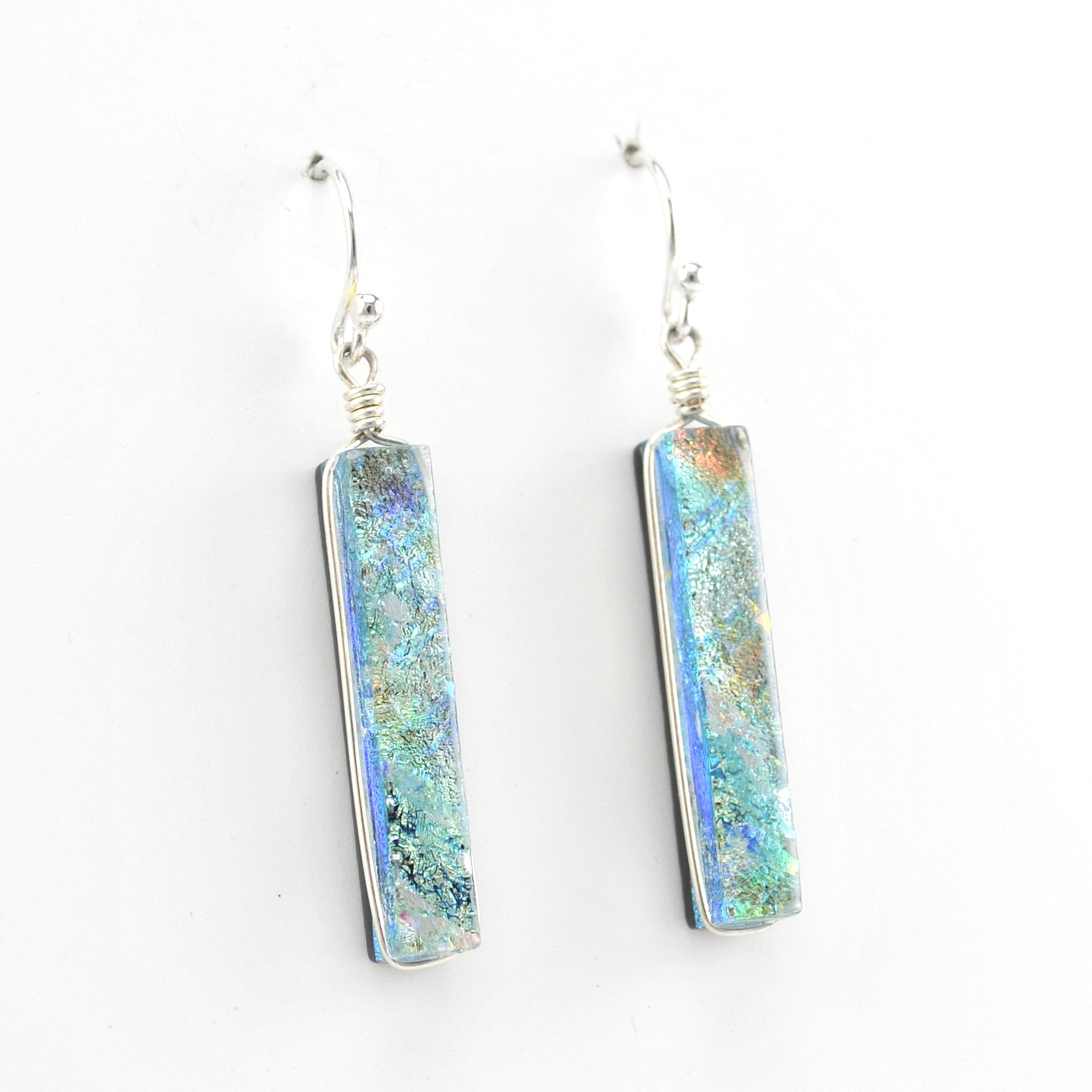 Alternate View Dichroic Glass Silver Rectangular Earrings