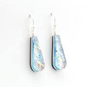 Teardrop-shaped earrings with iridescent finish on a white background
