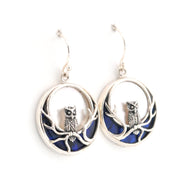 Silver earrings with owl design on a white background