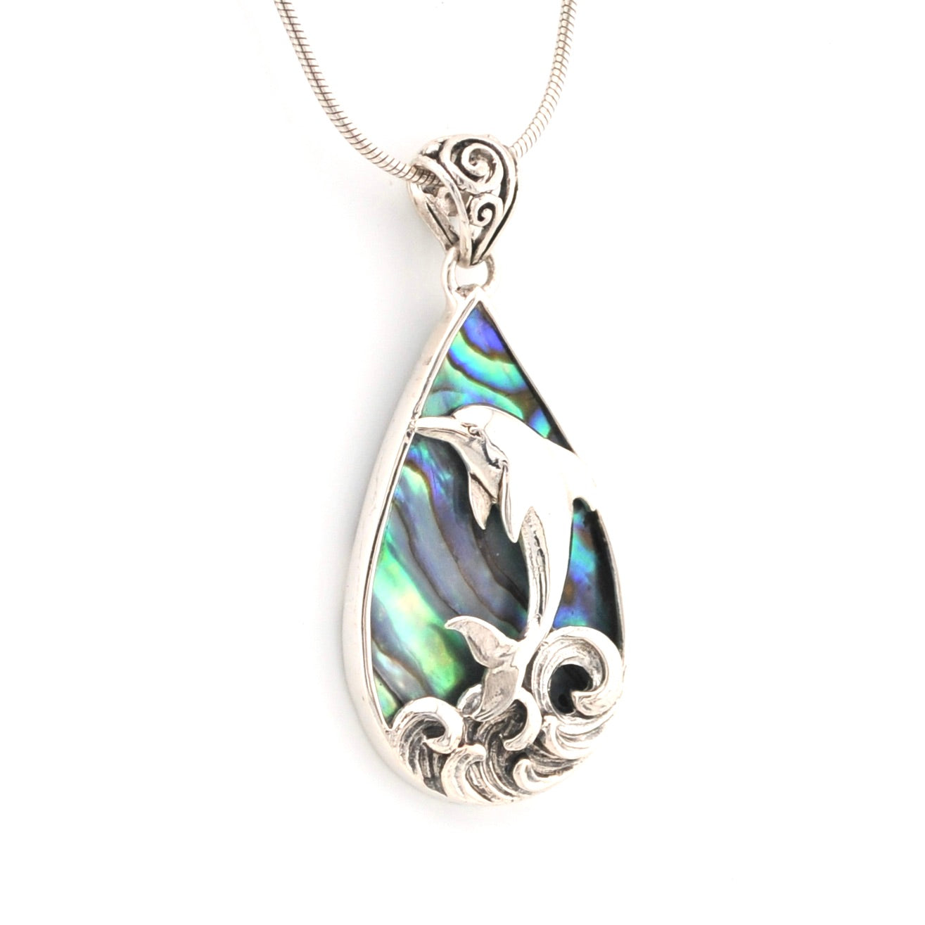 Silver pendant with abalone shell design on a white background