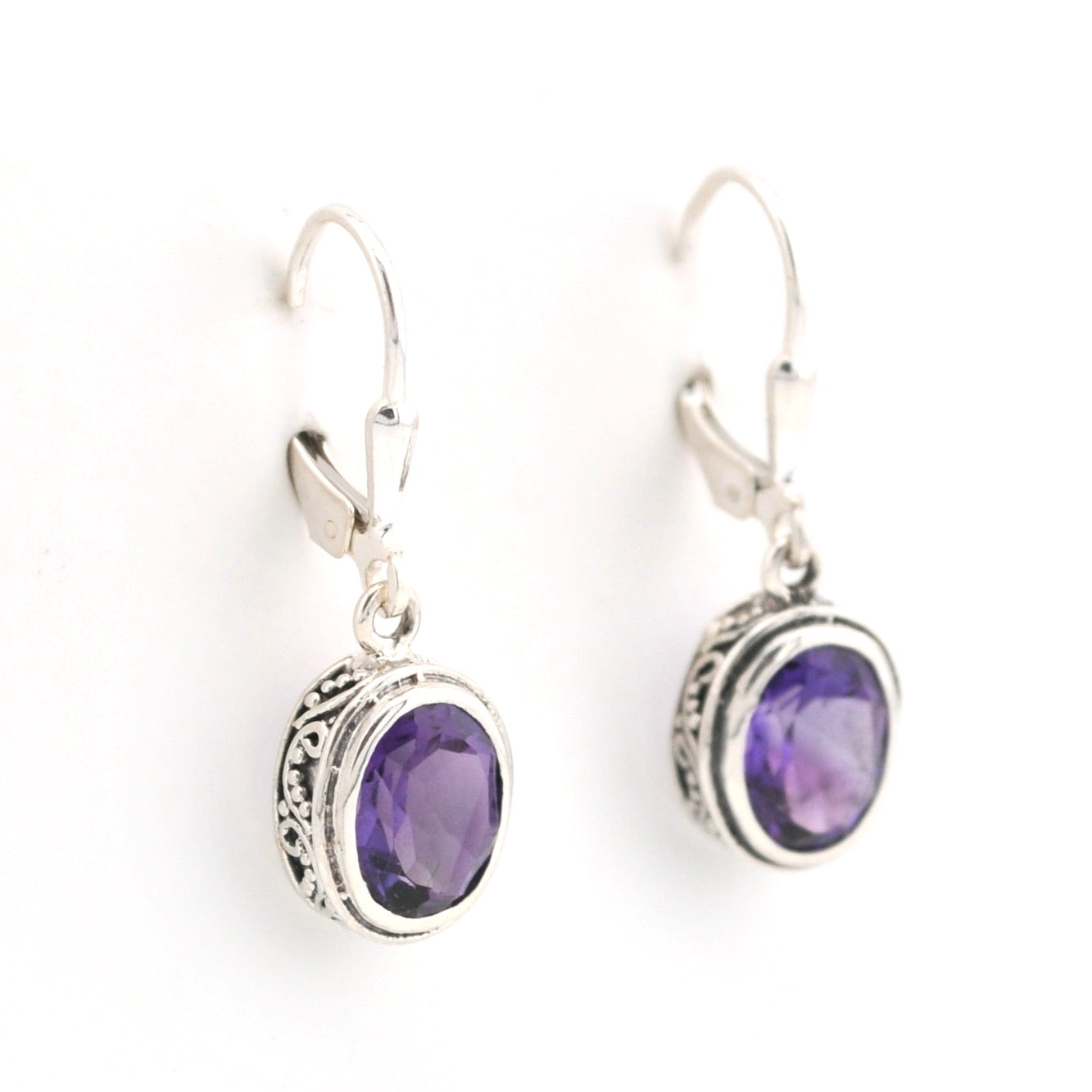 Alternate View Silver Amethyst 7x9mm Oval Bali Dangle Earrings