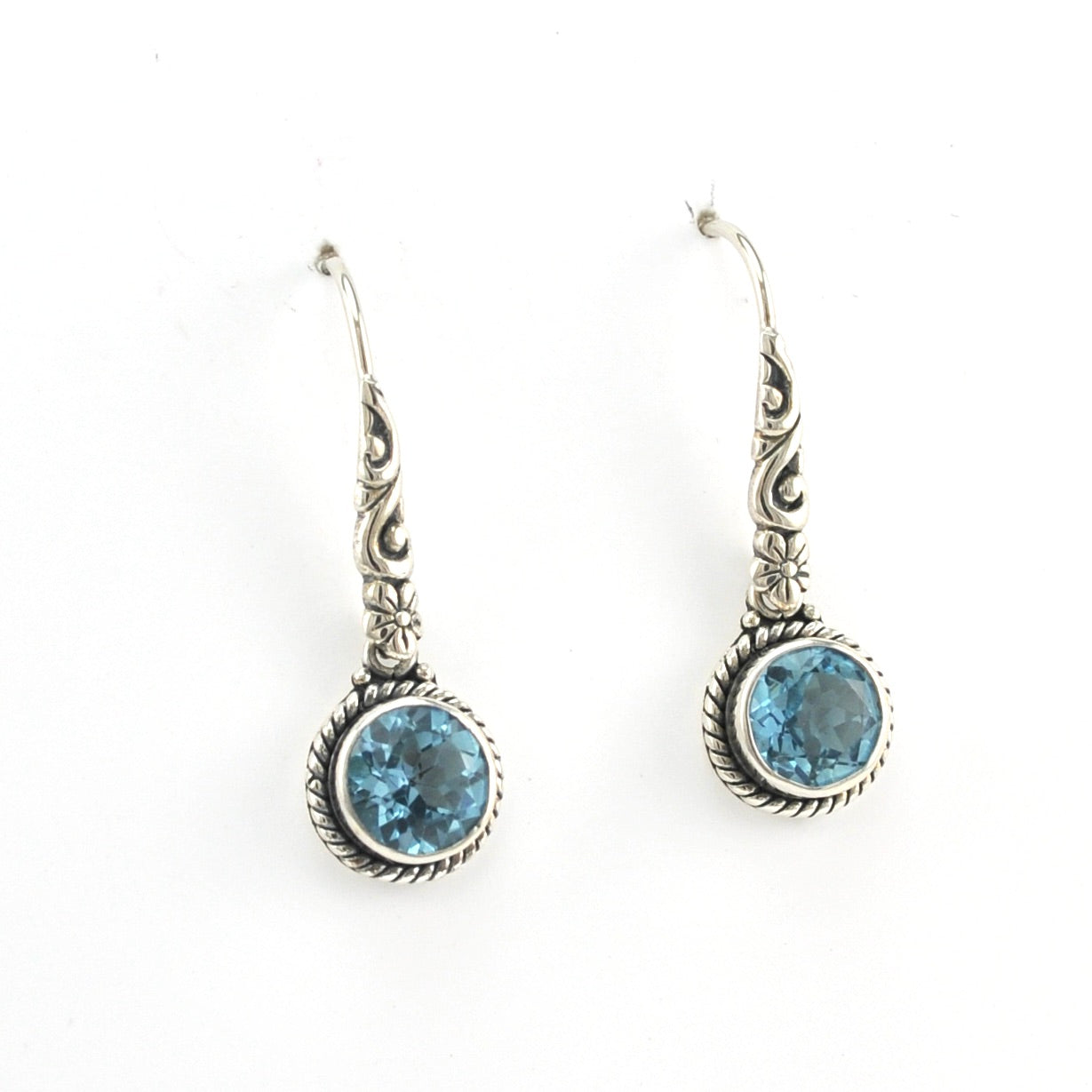Alternate View Silver Blue Topaz 7mm Round Flower Dangle Earrings