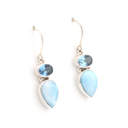 Pair of earrings with blue teardrop-shaped stones on a white background