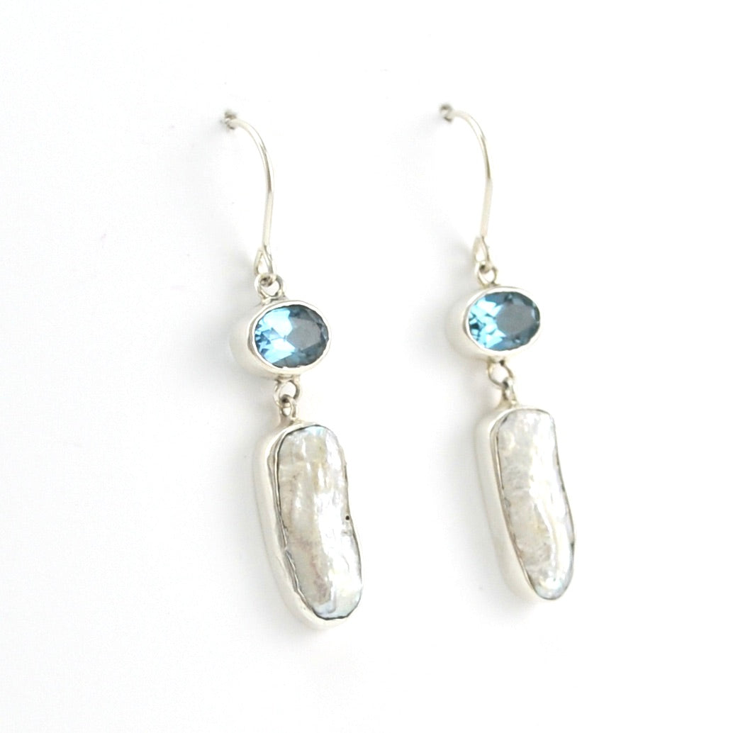 Alternate View  Silver Blue Topaz and Stick Pearl Earrings