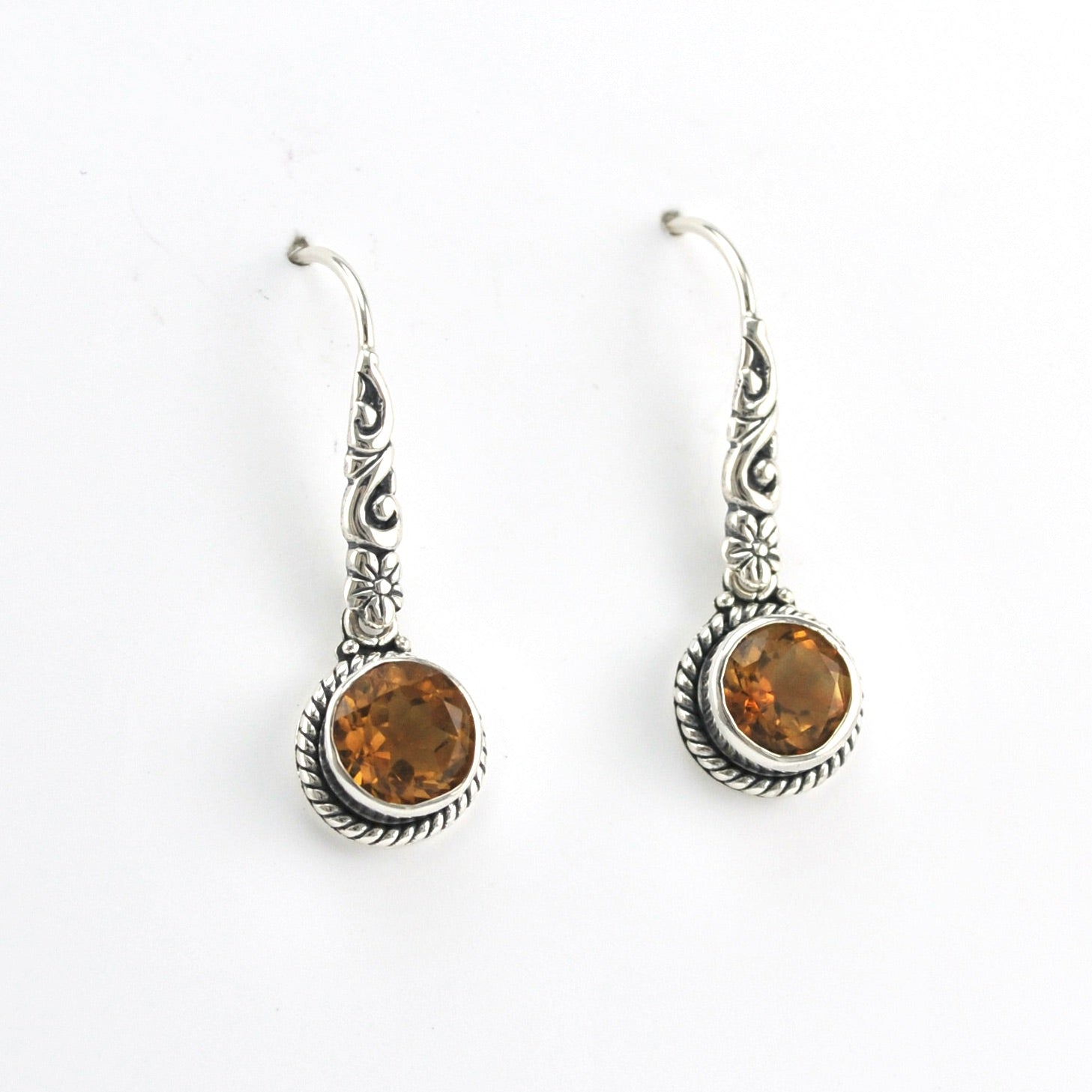 Alternate View Silver Citrine 7mm Round Bali Dangle Earrings