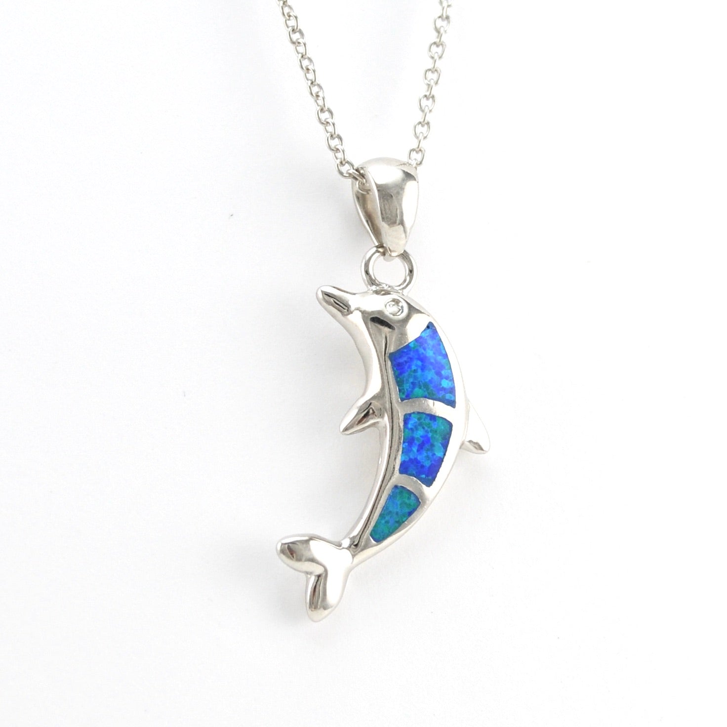 Alternate View Silver Created Opal Dolphin Necklace