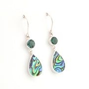 Teardrop-shaped earrings with green gemstones on a white background