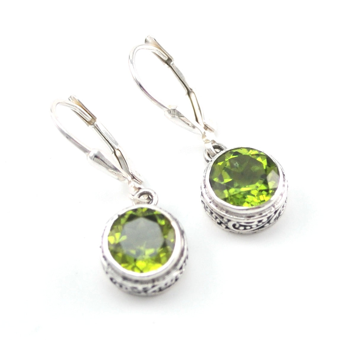 Alternate View Silver Peridot 8mm Round Bali Dangle Earrings