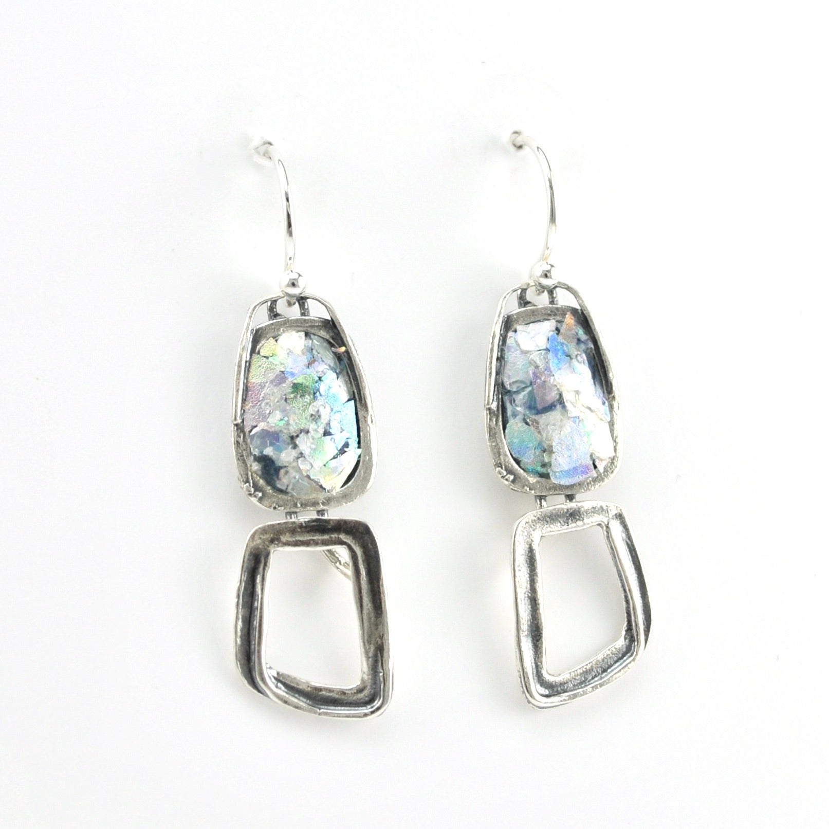 Alternate View Silver Roman Glass Rectangular Dangle Earrings