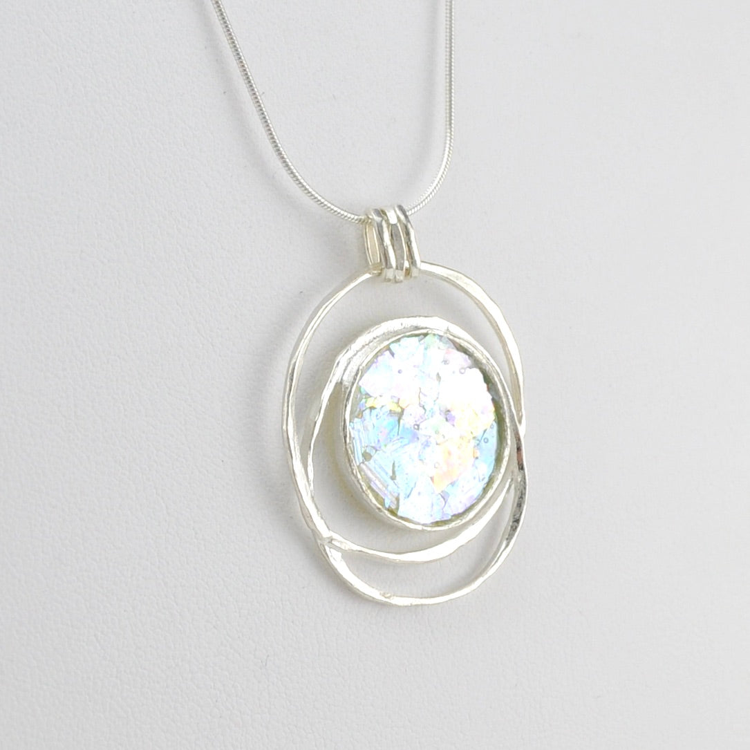 Alternate View Silver Roman Glass Spiral Circle Necklace