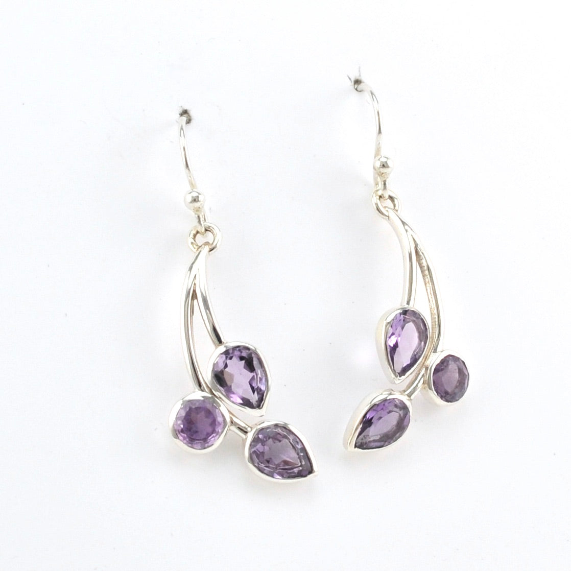 Alternate View Sterling Silver Amethyst 3 Stone Drop Earrings