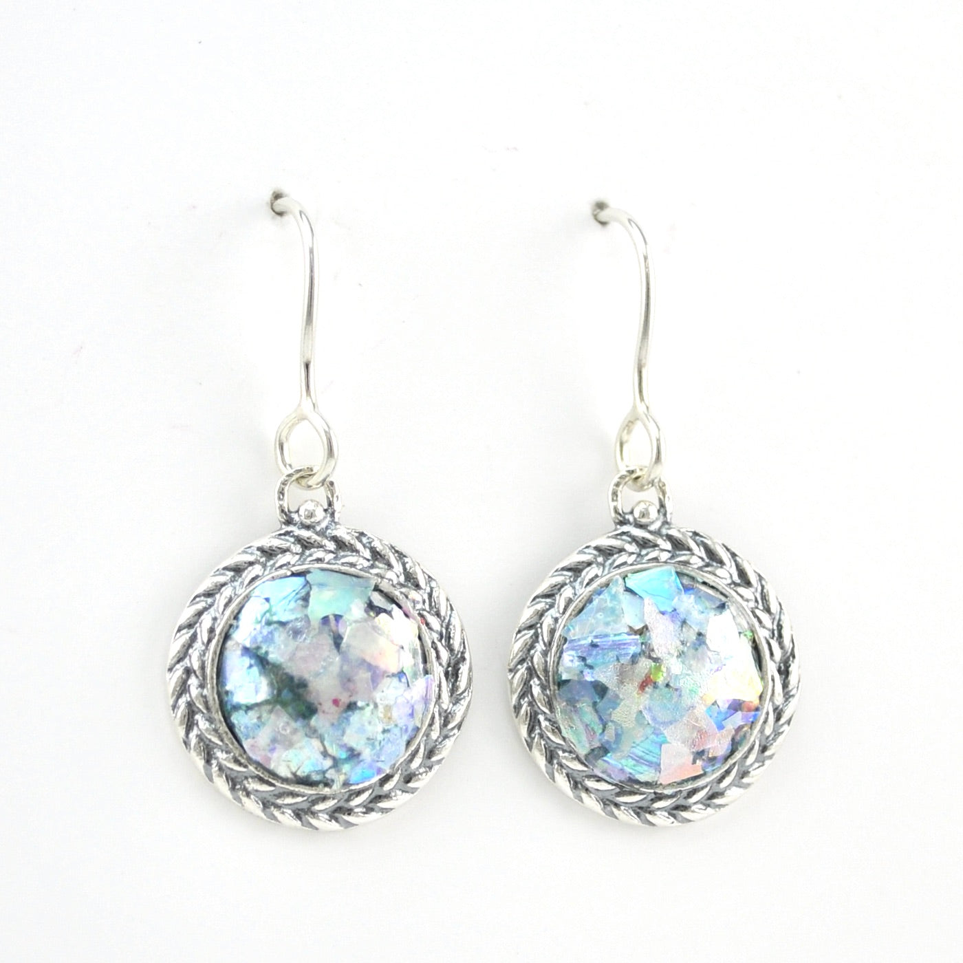 Alternate View Sterling Silver Roman Glass Round Dangle Earrings