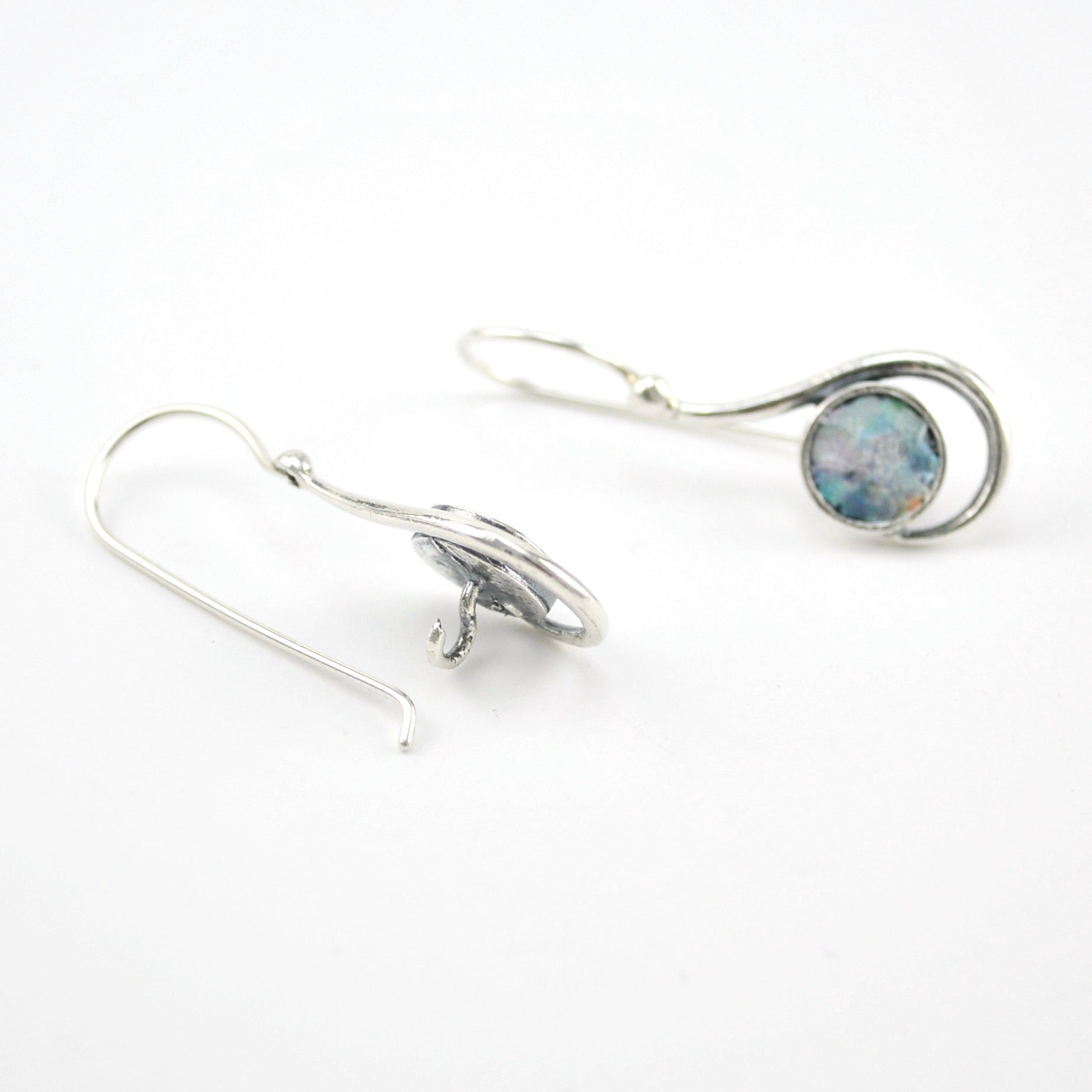Alternate View Sterling Silver Roman Glass Round Swirl Dangle Earrings