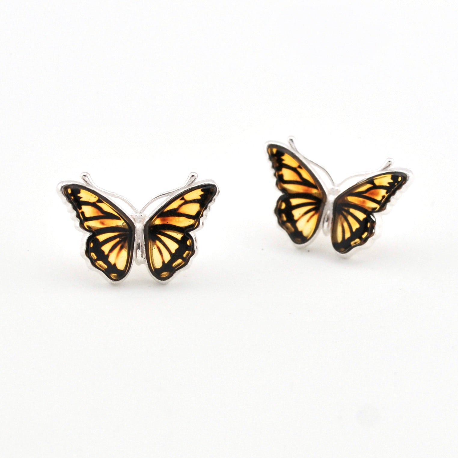 Silver Amber Intaglio Butterfly Post Earrings