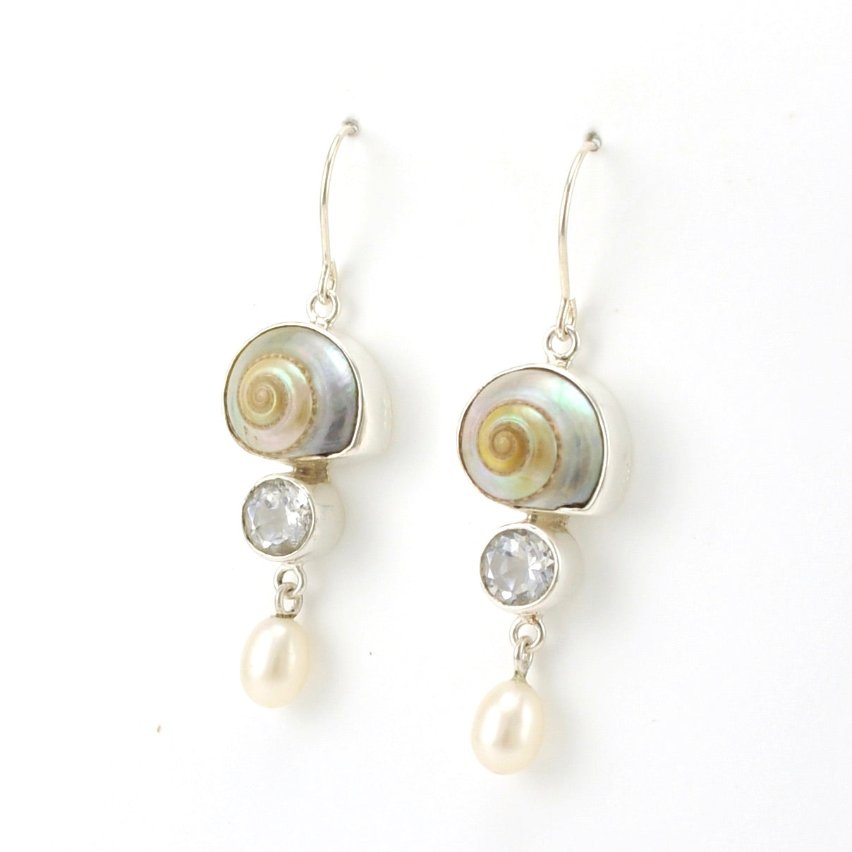 Side View Sterling Silver Malabar Shell White Topaz Earrings