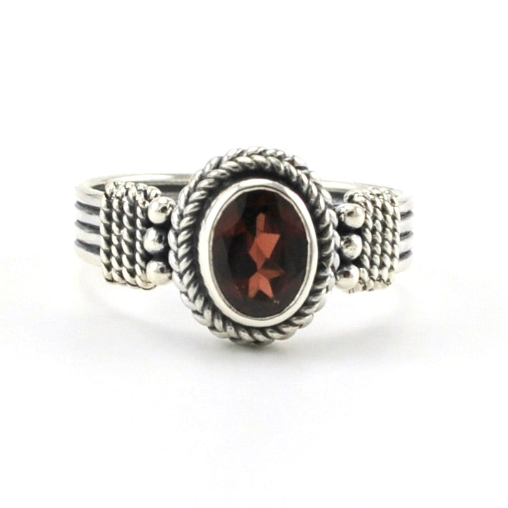 Alt View Sterling Silver Garnet 6x8mm Oval Bali Ring