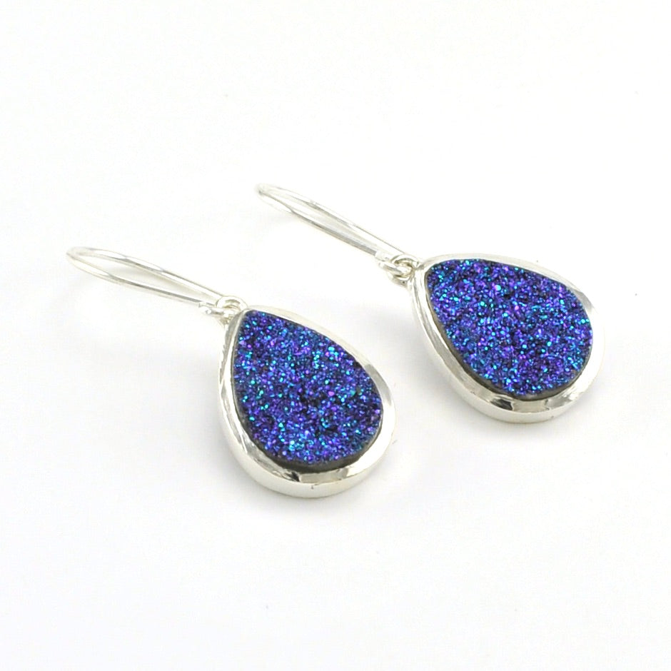 Sterling Silver Blue Druzy Agate Tear Dangle Earrings