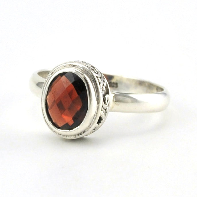 Sterling Silver Garnet 6x8mm Oval Bali Ring